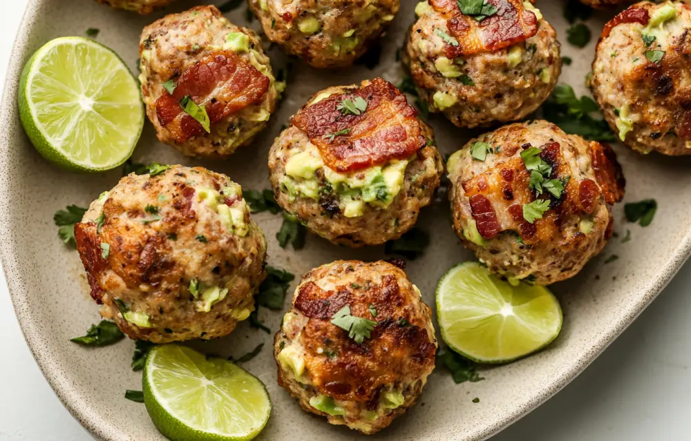 Bite-sized bacon guacamole bombs on a rustic wooden platter, crispy bacon wrapped around creamy green guacamole filling, garnished with fresh cilantro and lime wedges, vibrant colors with warm natural lighting, festive party table background, close-up shot Bite-sized bacon guacamole bombs on a rustic wooden platter, crispy bacon wrapped around creamy green guacamole filling, garnished with fresh cilantro and lime wedges, vibrant colors with warm natural lighting, festive party table background, close-up shot