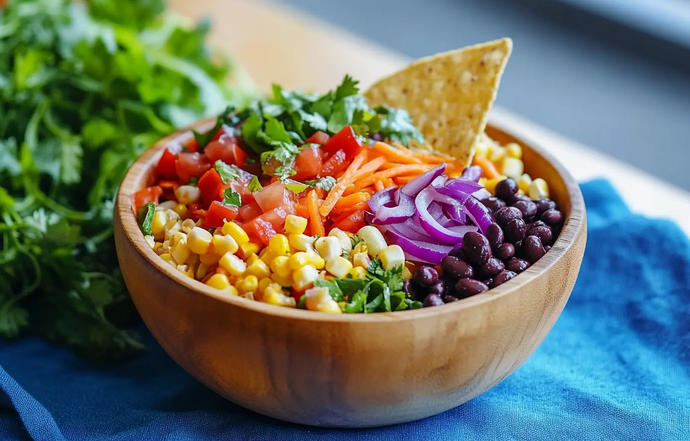 A vibrant bowl of cowboy caviar with black beans, yellow corn, diced red tomatoes, green peppers, and fresh cilantro, colorful and fresh, served in a rustic ceramic bowl on a wooden table, natural daylight highlighting the vivid colors, overhead shot A vibrant bowl of cowboy caviar with black beans, yellow corn, diced red tomatoes, green peppers, and fresh cilantro, colorful and fresh, served in a rustic ceramic bowl on a wooden table, natural daylight highlighting the vivid colors, overhead shot