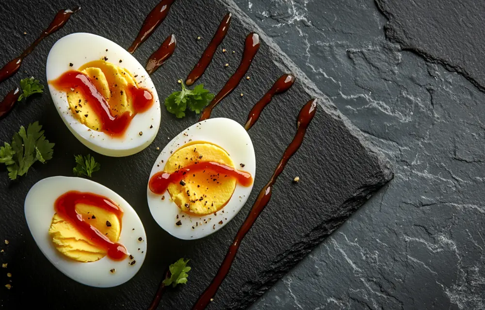 A few perfectly cooked hard-boiled eggs halved to reveal bright yellow yolks, arranged neatly on a white plate with a sprinkle of black pepper and fresh herbs, soft natural lighting with a clean kitchen background, close-up shot highlighting smooth egg whites and creamy yolks A few perfectly cooked hard-boiled eggs halved to reveal bright yellow yolks, arranged neatly on a white plate with a sprinkle of black pepper and fresh herbs, soft natural lighting with a clean kitchen background, close-up shot highlighting smooth egg whites and creamy yolks