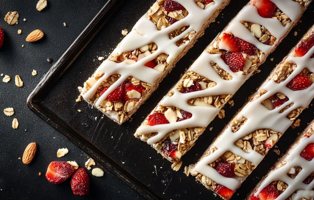 A stack of rectangular granola bars with visible chunks of dried strawberries and creamy yogurt drizzle on top, placed on a white plate with fresh strawberries scattered around, bright natural lighting highlighting the textures and colors, cozy kitchen setting, close-up shot A stack of rectangular granola bars with visible chunks of dried strawberries and creamy yogurt drizzle on top, placed on a white plate with fresh strawberries scattered around, bright natural lighting highlighting the textures and colors, cozy kitchen setting, close-up shot