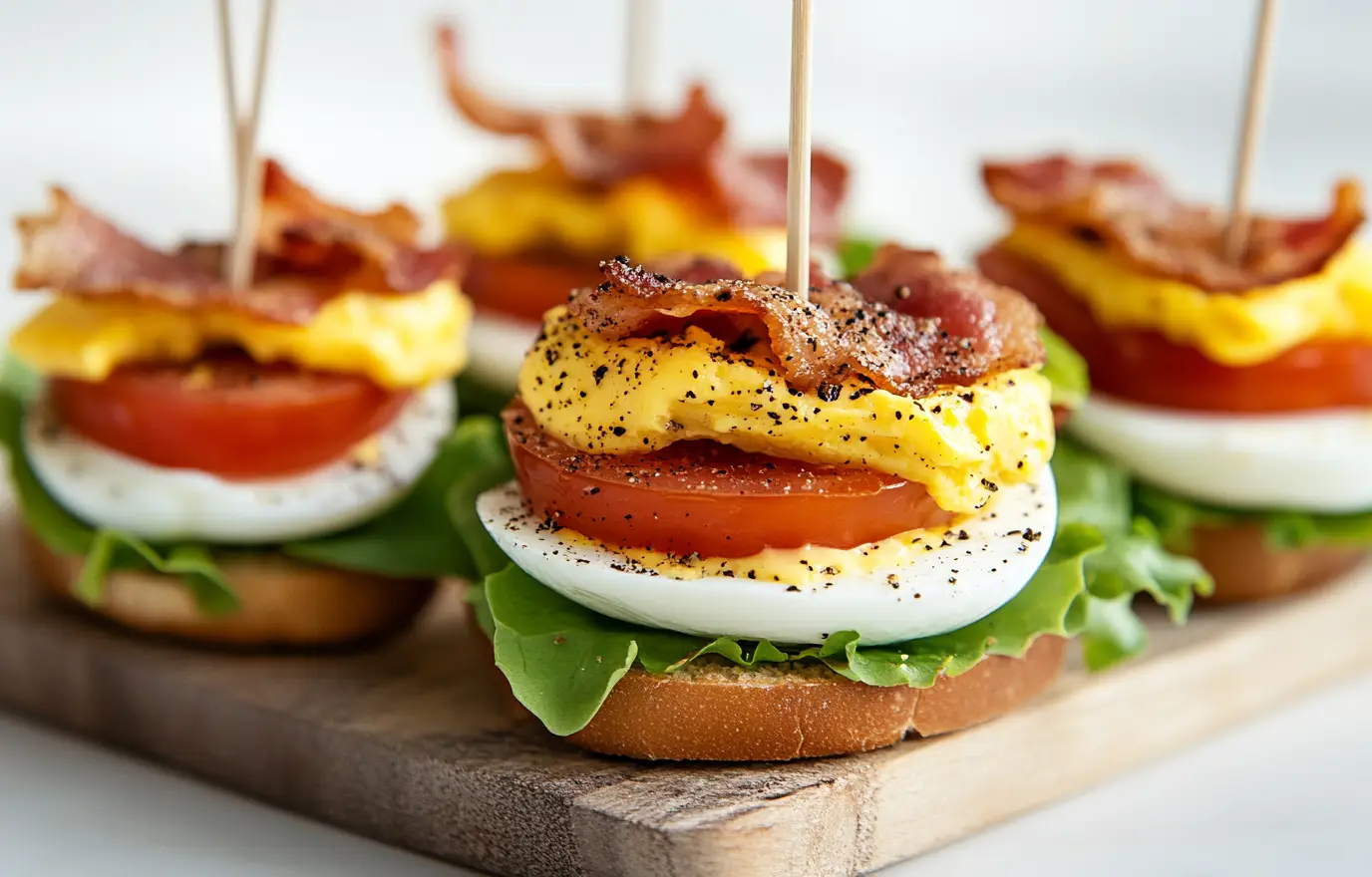 Golden-baked mini egg muffins filled with crispy bacon bits, fresh lettuce, and diced tomatoes, arranged neatly on a white serving platter, bright natural lighting highlighting the fluffy texture and colorful ingredients, close-up shot Golden-baked mini egg muffins filled with crispy bacon bits, fresh lettuce, and diced tomatoes, arranged neatly on a white serving platter, bright natural lighting highlighting the fluffy texture and colorful ingredients, close-up shot