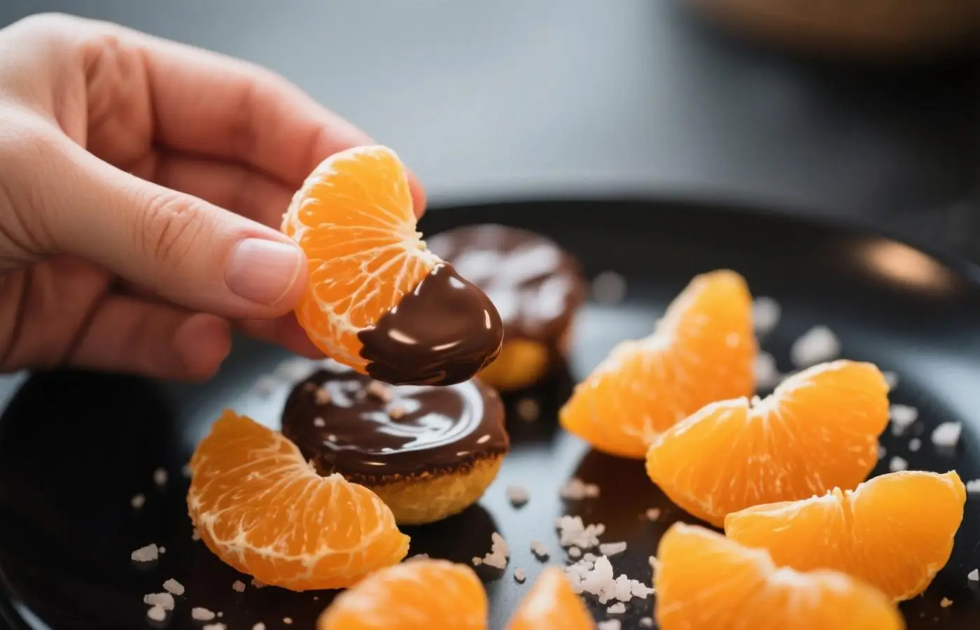 Mandarin orange slices half-dipped in glossy dark chocolate, arranged neatly on parchment paper, sprinkled with shredded coconut and crushed pistachios, bright natural lighting, vibrant contrast between the bright orange fruit and dark chocolate, close-up shot Mandarin orange slices half-dipped in glossy dark chocolate, arranged neatly on parchment paper, sprinkled with shredded coconut and crushed pistachios, bright natural lighting, vibrant contrast between the bright orange fruit and dark chocolate, close-up shot