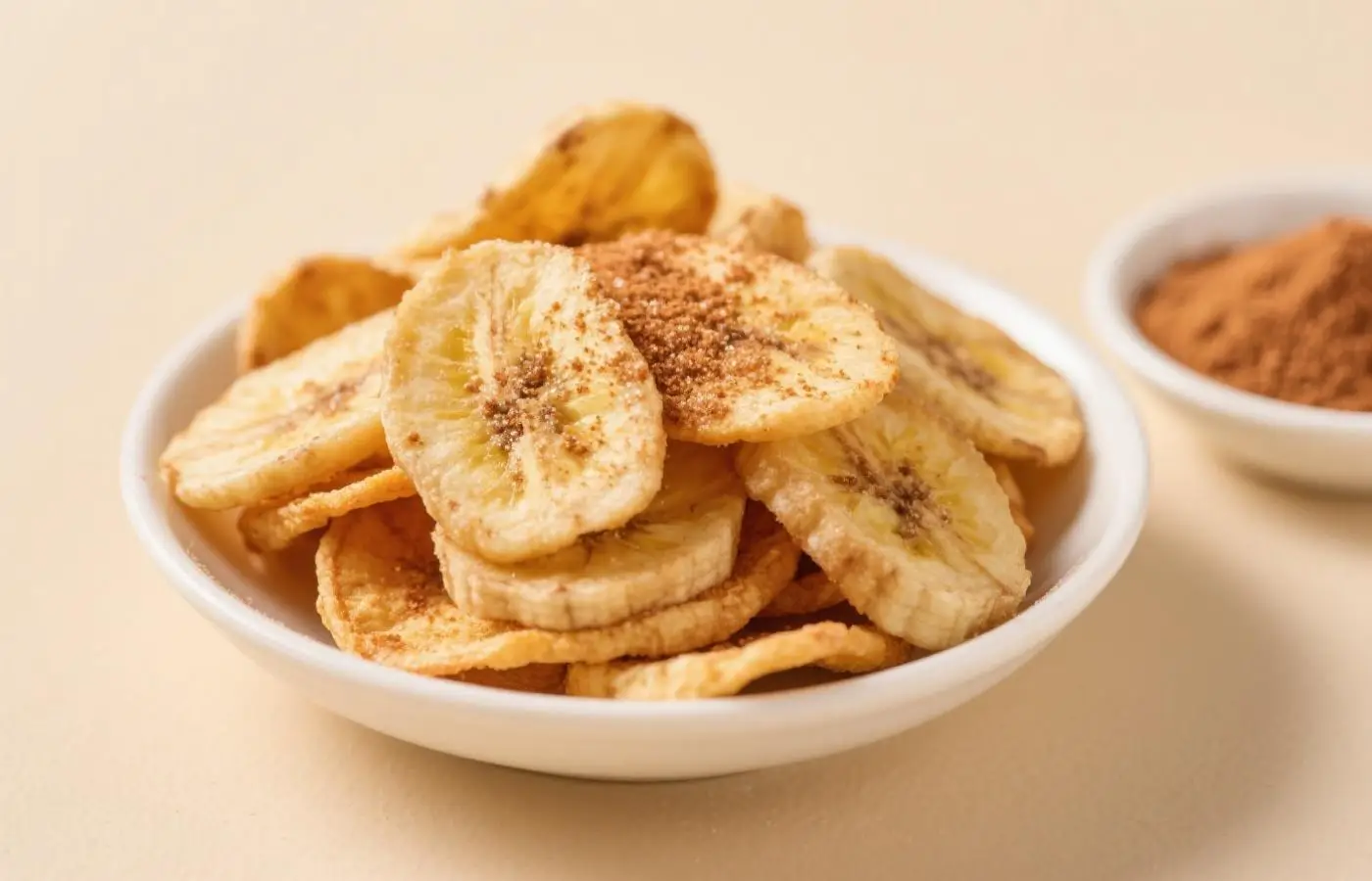 Thin slices of golden baked plantain chips scattered on parchment paper, lightly salted and perfectly crisp, styled in a rustic bowl with a small dipping sauce on the side, warm natural lighting highlighting their crunchy texture, close-up shot Thin slices of golden baked plantain chips scattered on parchment paper, lightly salted and perfectly crisp, styled in a rustic bowl with a small dipping sauce on the side, warm natural lighting highlighting their crunchy texture, close-up shot