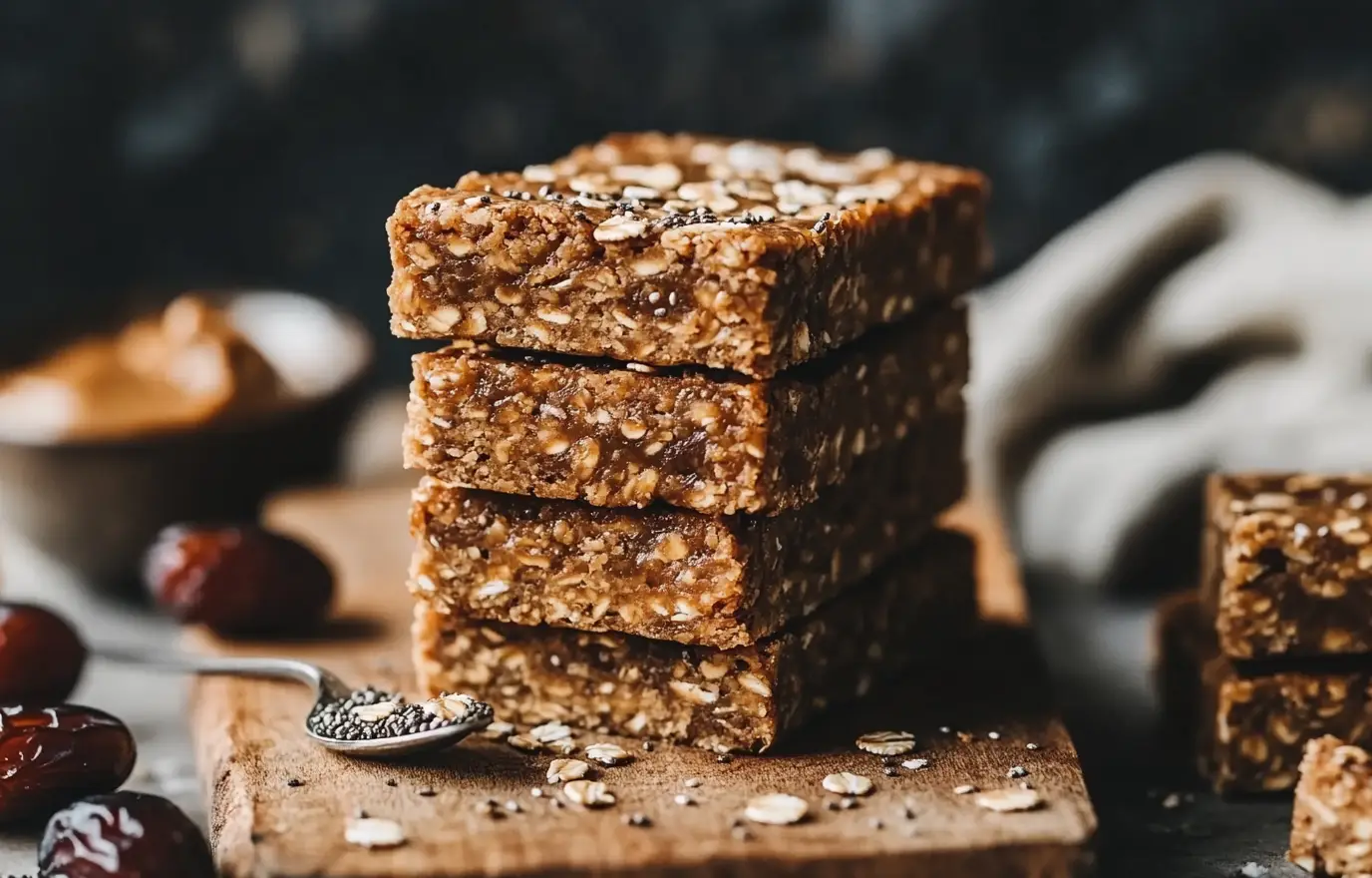 A stack of rectangular homemade oat-date bars on a rustic wooden board, golden brown in color with visible oats and chia seeds, slightly glossy from natural oils, soft and chewy texture, surrounded by scattered dates, oats, and a spoonful of almond butter, warm natural lighting, cozy kitchen background A stack of rectangular homemade oat-date bars on a rustic wooden board, golden brown in color with visible oats and chia seeds, slightly glossy from natural oils, soft and chewy texture, surrounded by scattered dates, oats, and a spoonful of almond butter, warm natural lighting, cozy kitchen background