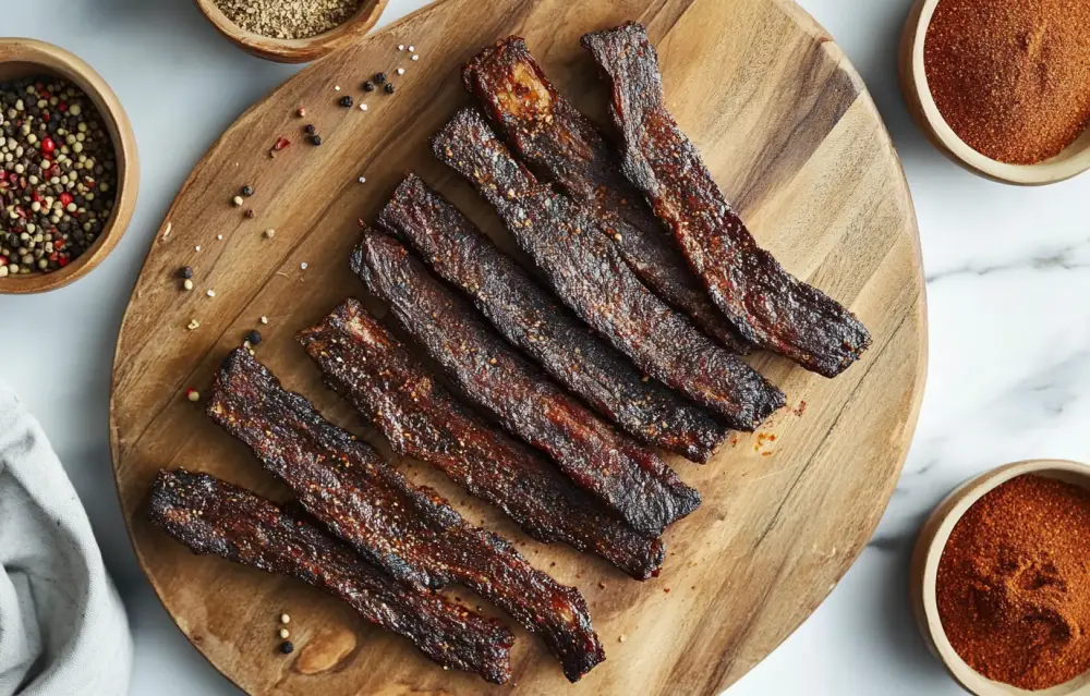 Thin strips of oven-dried beef jerky arranged on a wooden cutting board, dark brown with a slightly glossy finish and visible seasoning, rustic and chewy texture, surrounded by small bowls of spices like paprika and garlic powder, natural moody lighting, close-up detail shot Thin strips of oven-dried beef jerky arranged on a wooden cutting board, dark brown with a slightly glossy finish and visible seasoning, rustic and chewy texture, surrounded by small bowls of spices like paprika and garlic powder, natural moody lighting, close-up detail shot