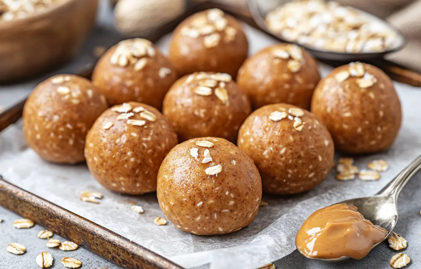 A pile of round peanut butter protein balls on a parchment-lined tray, golden brown with visible oats and flaxseed, smooth and slightly shiny texture, a spoonful of peanut butter and scattered oats nearby, bright natural lighting, cozy kitchen background, close-up focus A pile of round peanut butter protein balls on a parchment-lined tray, golden brown with visible oats and flaxseed, smooth and slightly shiny texture, a spoonful of peanut butter and scattered oats nearby, bright natural lighting, cozy kitchen background, close-up focus