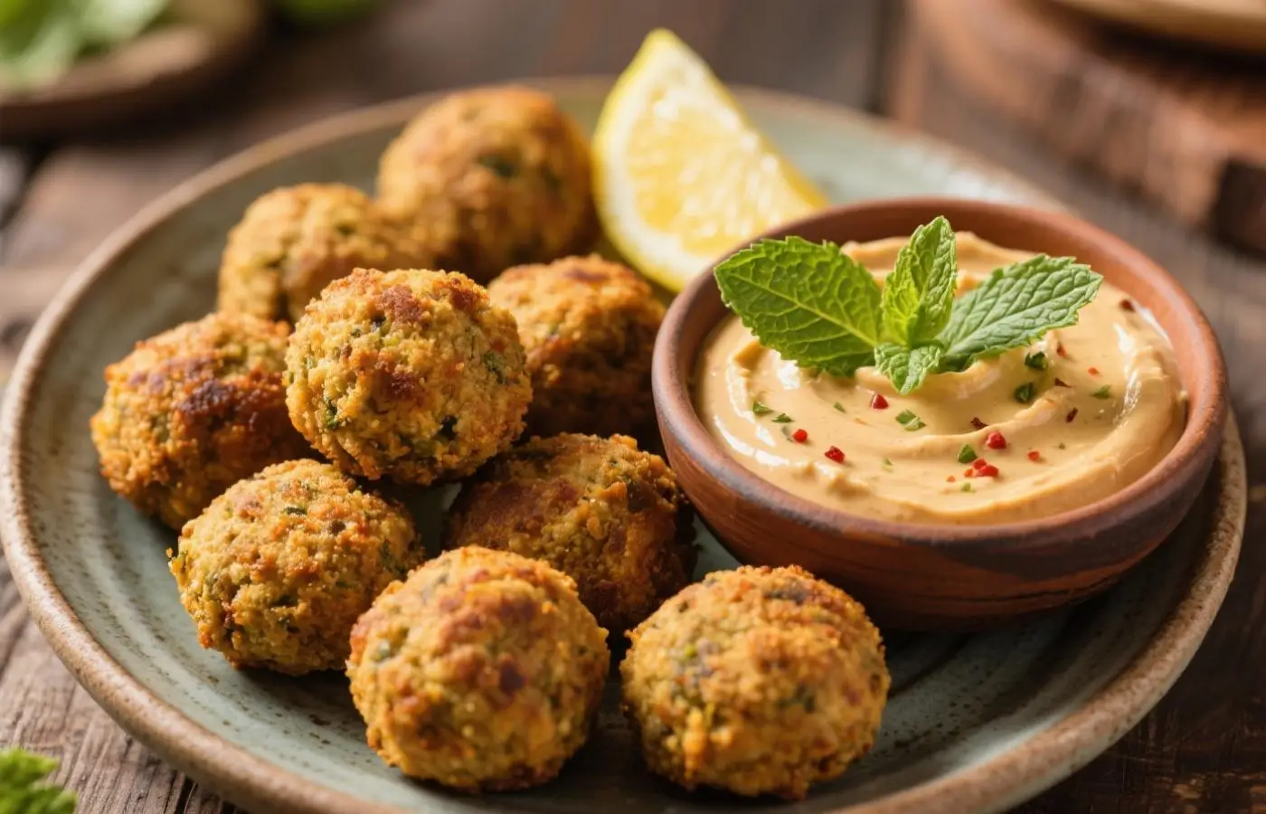 Golden-brown baked falafel bites served on a rustic plate alongside a bowl of creamy spicy mint tahini dip, garnished with fresh mint leaves and lemon wedges, warm natural lighting highlighting the crispy texture and vibrant colors, close-up shot Golden-brown baked falafel bites served on a rustic plate alongside a bowl of creamy spicy mint tahini dip, garnished with fresh mint leaves and lemon wedges, warm natural lighting highlighting the crispy texture and vibrant colors, close-up shot