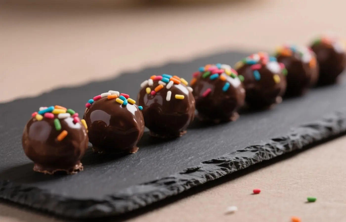 Bite-sized chocolate protein balls with colorful sprinkles on top, arranged in a neat row on a dark slate board, rich chocolate texture with a glossy finish, soft natural lighting highlighting the vibrant sprinkles, close-up shot Bite-sized chocolate protein balls with colorful sprinkles on top, arranged in a neat row on a dark slate board, rich chocolate texture with a glossy finish, soft natural lighting highlighting the vibrant sprinkles, close-up shot