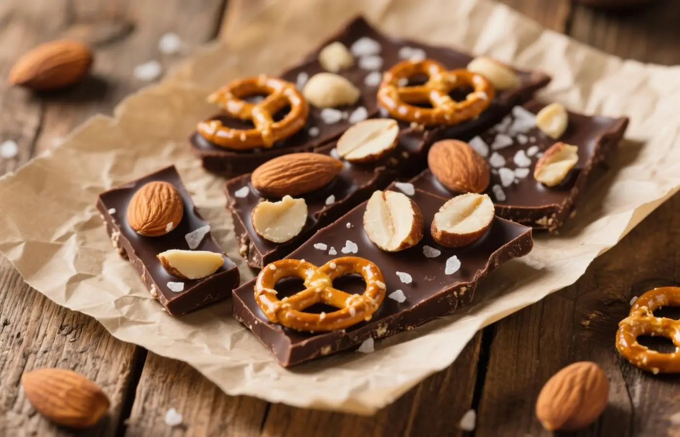 Chunks of dark chocolate bark studded with roasted almonds, pretzel pieces, and a sprinkle of sea salt, arranged on parchment paper with a rustic wooden background, warm natural lighting highlighting glossy chocolate and crunchy toppings, close-up shot Chunks of dark chocolate bark studded with roasted almonds, pretzel pieces, and a sprinkle of sea salt, arranged on parchment paper with a rustic wooden background, warm natural lighting highlighting glossy chocolate and crunchy toppings, close-up shot
