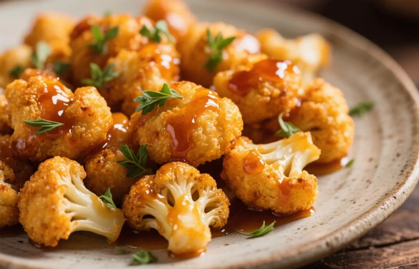 Golden crispy cauliflower nuggets coated in a sticky hot honey glaze, arranged on a rustic plate with fresh herbs sprinkled on top, vibrant colors with warm natural lighting, close-up shot highlighting crispy texture and glossy coating Golden crispy cauliflower nuggets coated in a sticky hot honey glaze, arranged on a rustic plate with fresh herbs sprinkled on top, vibrant colors with warm natural lighting, close-up shot highlighting crispy texture and glossy coating