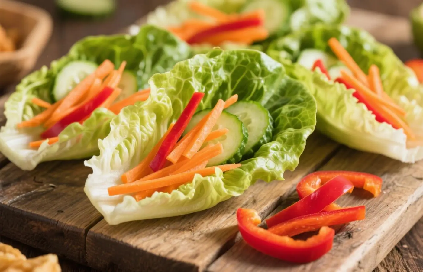 Fresh lettuce wraps filled with vibrant vegetables like shredded carrots, cucumber sticks, and bell pepper strips, neatly arranged on a white plate, drizzled with a bit of hummus, bright and colorful presentation, overhead shot with natural lighting, clean and modern kitchen background Fresh lettuce wraps filled with vibrant vegetables like shredded carrots, cucumber sticks, and bell pepper strips, neatly arranged on a white plate, drizzled with a bit of hummus, bright and colorful presentation, overhead shot with natural lighting, clean and modern kitchen background