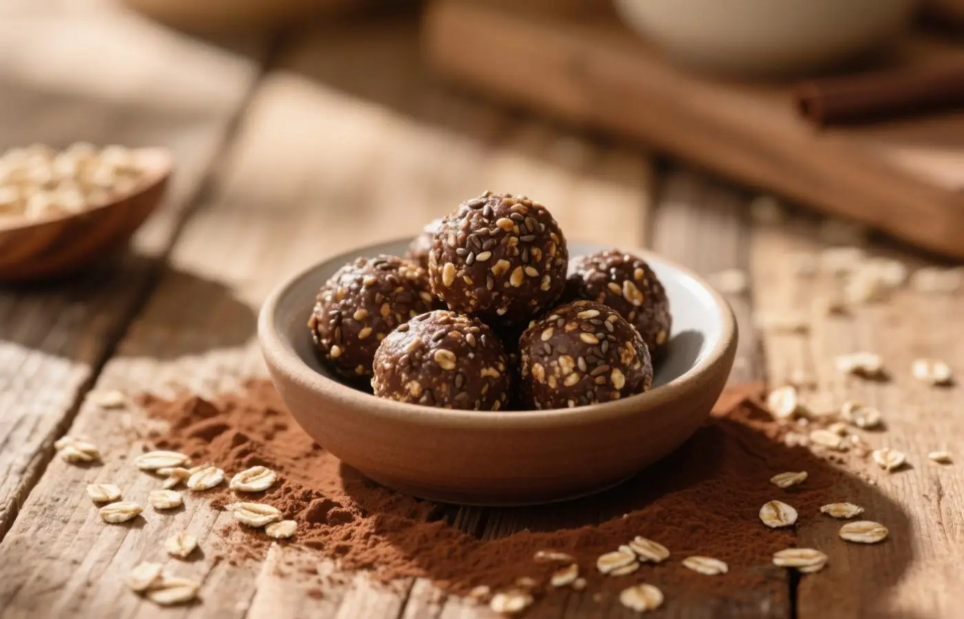 A small bowl filled with round chocolate oatmeal energy bites, dark brown and textured with oats and chia seeds, set on a rustic wooden table with scattered cocoa powder and oats around, warm natural light casting soft shadows, cozy kitchen atmosphere, close-up shot A small bowl filled with round chocolate oatmeal energy bites, dark brown and textured with oats and chia seeds, set on a rustic wooden table with scattered cocoa powder and oats around, warm natural light casting soft shadows, cozy kitchen atmosphere, close-up shot