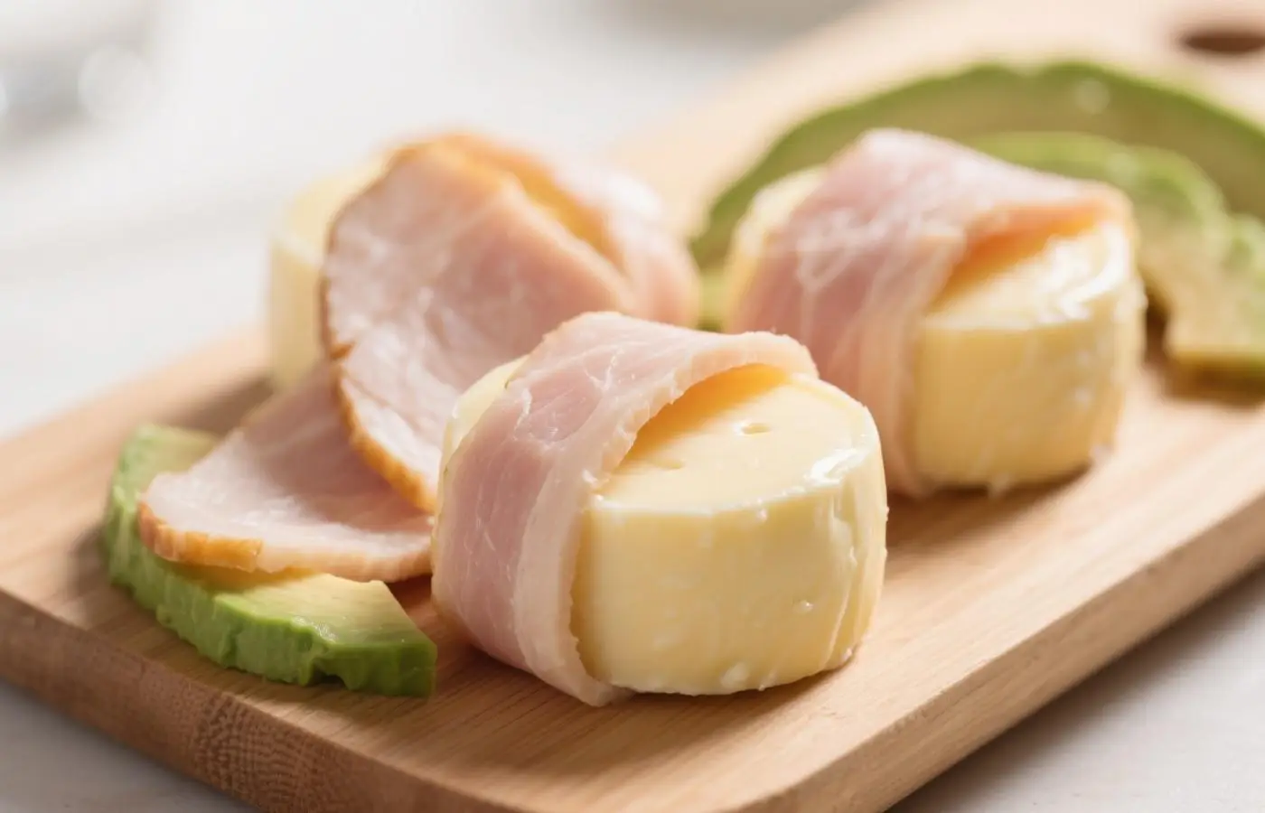 Creamy Babybel cheese rounds wrapped in thin slices of turkey breast, garnished with fresh avocado slices on a wooden serving board, bright and clean presentation with natural daylight, close-up focus showing smooth cheese texture and tender turkey Creamy Babybel cheese rounds wrapped in thin slices of turkey breast, garnished with fresh avocado slices on a wooden serving board, bright and clean presentation with natural daylight, close-up focus showing smooth cheese texture and tender turkey