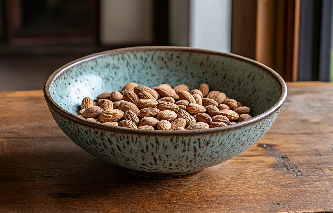A PHOTO OF A BOWL OF Few Almonds kernels ON A WOOD TABLE A PHOTO OF A BOWL OF Few Almonds kernels ON A WOOD TABLE