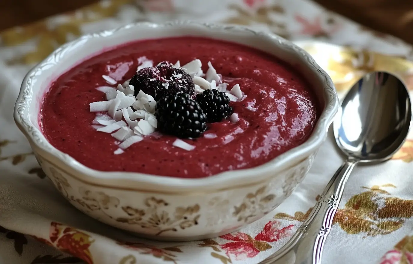 A vibrant red smoothie bowl, filled with blackberries and coconut shavings on top of the drink, sits in an elegant white porcelain dish that rests atop a floral napkin on a table. A silver spoon is placed beside it, adding to its sophisticated presentation. The soft light from above casts gentle shadows across the surface of the smoothie, enhancing its visual appeal. This scene captures one of my favorite breakfast options - warm and comforting, yet refreshing at once! A vibrant red smoothie bowl, filled with blackberries and coconut shavings on top of the drink, sits in an elegant white porcelain dish that rests atop a floral napkin on a table. A silver spoon is placed beside it, adding to its sophisticated presentation. The soft light from above casts gentle shadows across the surface of the smoothie, enhancing its visual appeal. This scene captures one of my favorite breakfast options - warm and comforting, yet refreshing at once!