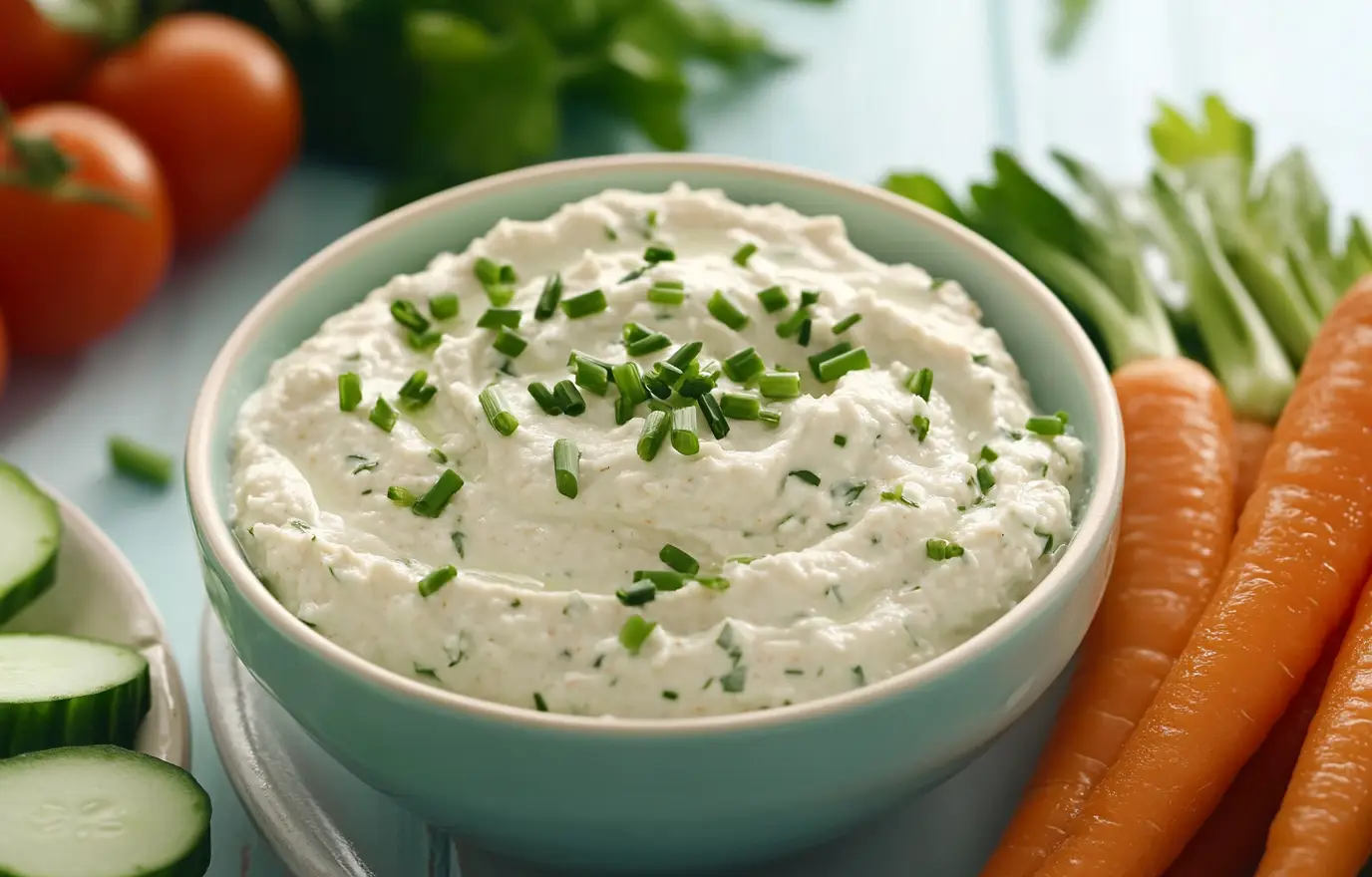 Dip with chives and Greek yogurt, served on a plate next to fresh vegetables like carrots, cucumber slices, and tomatoes, surrounded by an inviting light blue wooden table background. The bowl of hummus is centered in the frame, showcasing its creamy texture and pale color, while vibrant green leaves from a carrot add contrast and depth. This scene exudes freshness and healthiness through the use of natural lighting that highlights each element's colors and textures. Dip with chives and Greek yogurt, served on a plate next to fresh vegetables like carrots, cucumber slices, and tomatoes, surrounded by an inviting light blue wooden table background. The bowl of hummus is centered in the frame, showcasing its creamy texture and pale color, while vibrant green leaves from a carrot add contrast and depth. This scene exudes freshness and healthiness through the use of natural lighting that highlights each element's colors and textures.