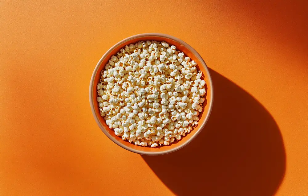 A bowl of popcorn against an orange background, viewed from above. The texture and shape of the popped corn are detailed in close-up, with some kernels visible on top. A shadow falls across one side of the bowl, adding depth to the composition. A bowl of popcorn against an orange background, viewed from above. The texture and shape of the popped corn are detailed in close-up, with some kernels visible on top. A shadow falls across one side of the bowl, adding depth to the composition.