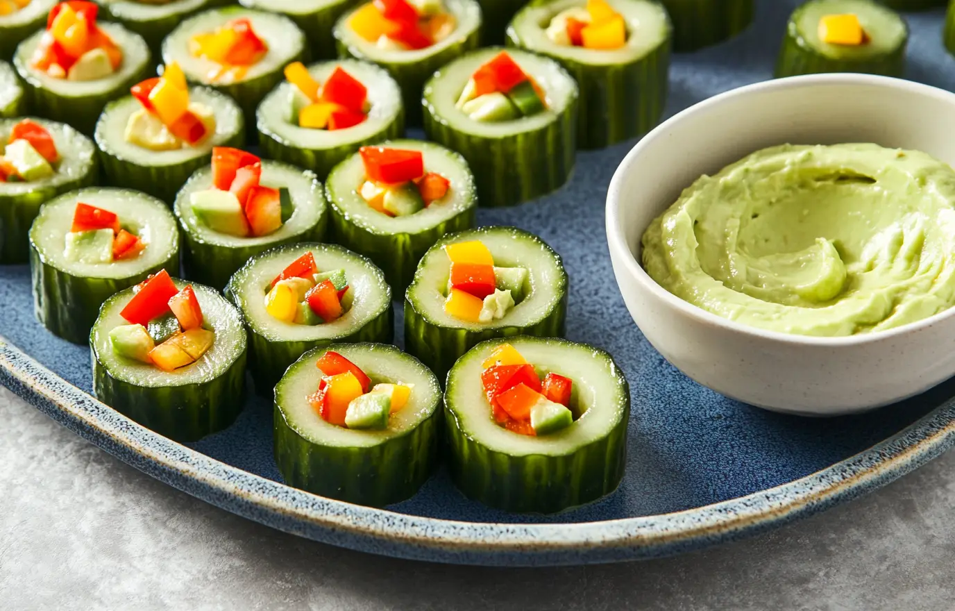A realistic photograph of sliced cucumber rolls filled with colorful vegetables on a ceramic plate, high resolution. A realistic photograph of sliced cucumber rolls filled with colorful vegetables on a ceramic plate, high resolution.