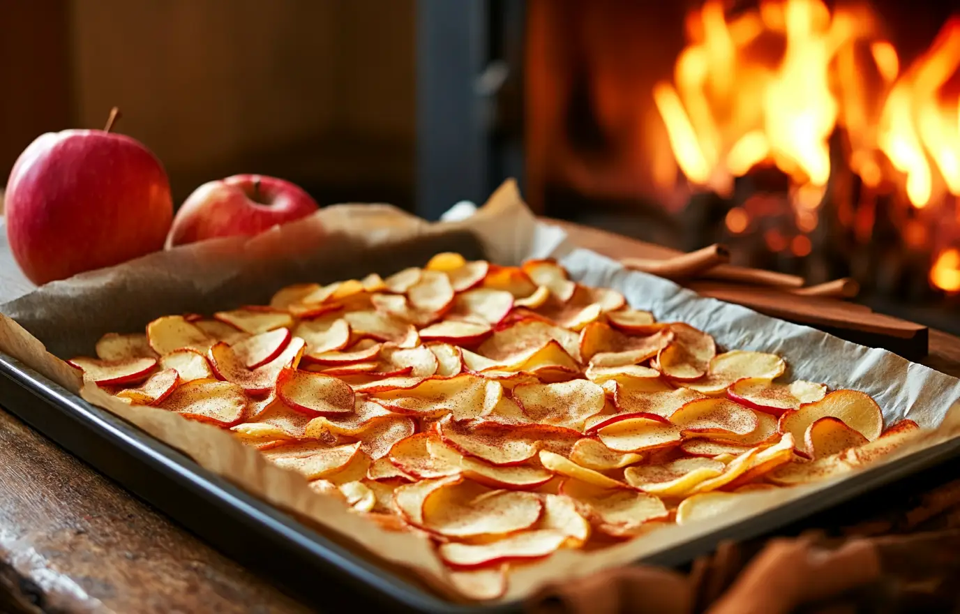 A realistic photograph of golden apple chips dusted with cinnamon on a parchment-lined tray, high resolution. A realistic photograph of golden apple chips dusted with cinnamon on a parchment-lined tray, high resolution.