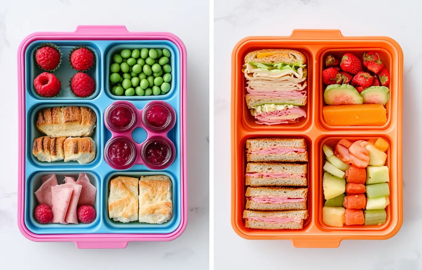 A pink and blue lunchbox with sandwiches, fruit in cupcake cups, surrounded by green bean strings and red jam jar candies, side view. The other picture shows the same food arrangement but now placed inside an orange plastic bento box. Both boxes have different color accents and contain a well-organized school lunch. In both pictures, you can see that they feature various types of sandwich ingredients, including cheese, ham, or chicken slices. There is also some fruit on each plate. A pink and blue lunchbox with sandwiches, fruit in cupcake cups, surrounded by green bean strings and red jam jar candies, side view. The other picture shows the same food arrangement but now placed inside an orange plastic bento box. Both boxes have different color accents and contain a well-organized school lunch. In both pictures, you can see that they feature various types of sandwich ingredients, including cheese, ham, or chicken slices. There is also some fruit on each plate.