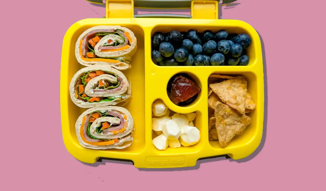 A lunch box with pinwheel sandwiches, blueberries, mini mozzarella balls, chopped medjool dates and Kibo chickpea chips. A lunch box with pinwheel sandwiches, blueberries, mini mozzarella balls, chopped medjool dates and Kibo chickpea chips.