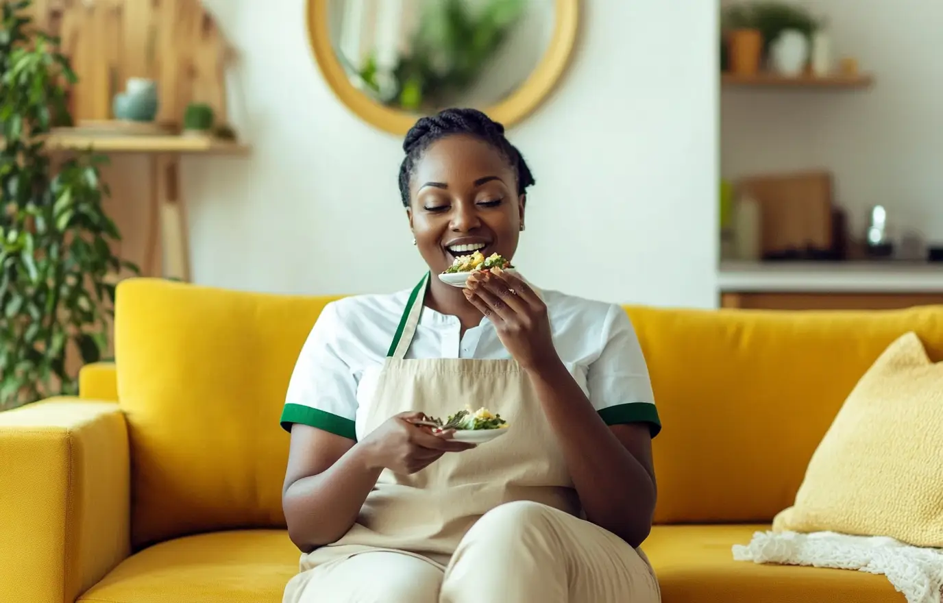 A Black woman in her mid-30s sits on the sofa, eating food while wearing an apron and a white shirt with green trim. The living room is decorated in a Scandinavian style, featuring yellow sofas and wooden furniture. A mirror hangs above it, adding to its minimalist aesthetic. She has short hair and wears beige trousers, creating a relaxed yet stylish look. Her expression conveys joy as she eats during lunchtime at home. A Black woman in her mid-30s sits on the sofa, eating food while wearing an apron and a white shirt with green trim. The living room is decorated in a Scandinavian style, featuring yellow sofas and wooden furniture. A mirror hangs above it, adding to its minimalist aesthetic. She has short hair and wears beige trousers, creating a relaxed yet stylish look. Her expression conveys joy as she eats during lunchtime at home.