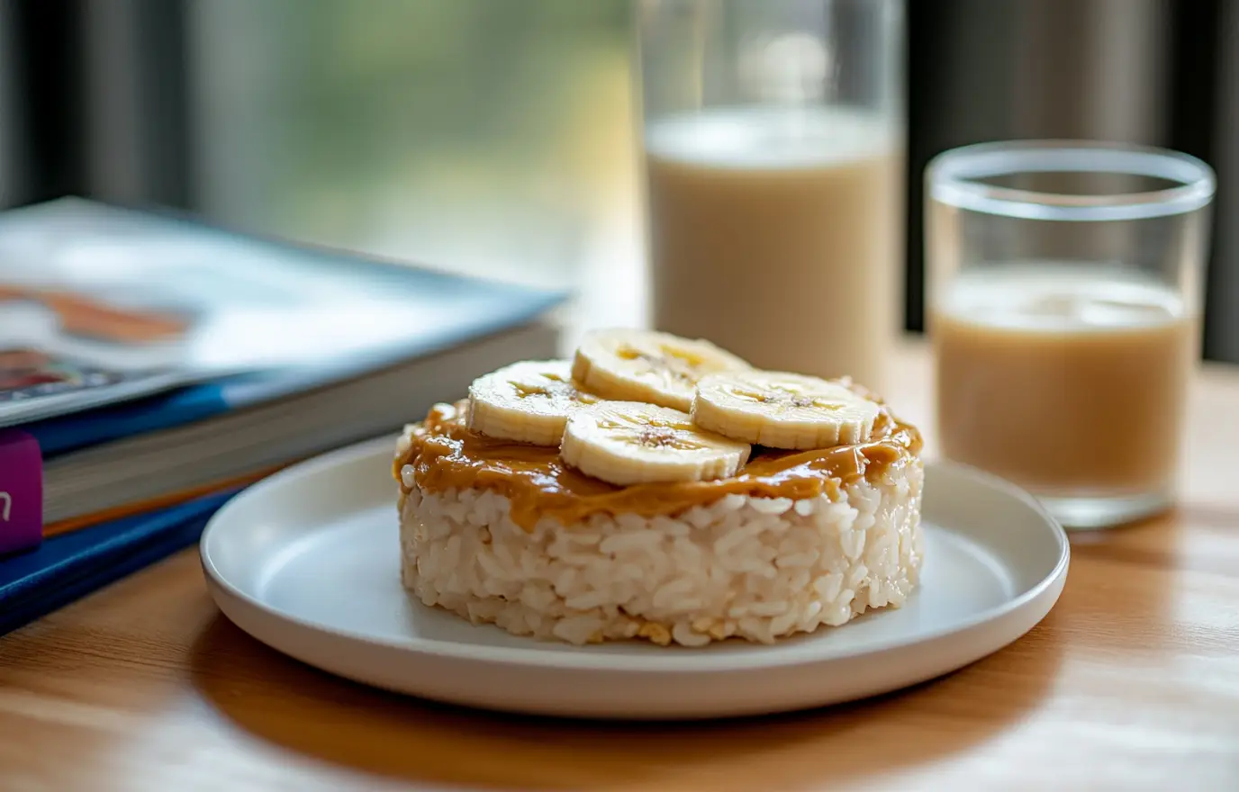 A rice cake with banana slices and peanut butter on it, placed in front of the desk at school. The plate is white, with books next to it. There's also a glass of milk or water behind it. A close-up shot captures this scene from an angle that highlights its beauty. This photo was taken using a Canon EOS R5 camera with high resolution. It features high-definition images, captured by professional photographers. A rice cake with banana slices and peanut butter on it, placed in front of the desk at school. The plate is white, with books next to it. There's also a glass of milk or water behind it. A close-up shot captures this scene from an angle that highlights its beauty. This photo was taken using a Canon EOS R5 camera with high resolution. It features high-definition images, captured by professional photographers.