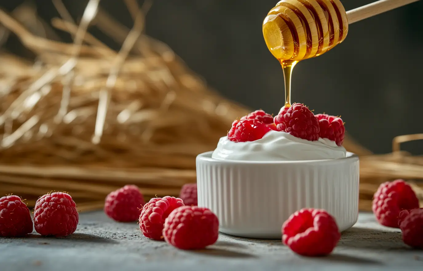 A close-up of Greek yogurt in an elegant white jar, with honey being poured over the top and red raspberries scattered around. The background is a minimalist kitchen setting with natural elements like straw bales or wooden textures. A close-up of Greek yogurt in an elegant white jar, with honey being poured over the top and red raspberries scattered around. The background is a minimalist kitchen setting with natural elements like straw bales or wooden textures.
