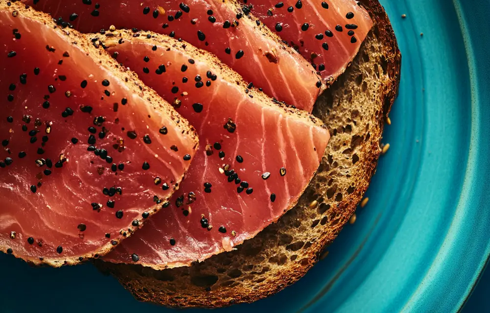 A close-up photograph of whole-grain bread slices with smoked salmon on top, against a blue plate background. Delicious food photography showcasing slices of rye toast with sliced pink salmon and black pepper, in the style of a food advertisement or magazine. The image is captured in natural light, with high resolution and high detail. A close-up photograph of whole-grain bread slices with smoked salmon on top, against a blue plate background. Delicious food photography showcasing slices of rye toast with sliced pink salmon and black pepper, in the style of a food advertisement or magazine. The image is captured in natural light, with high resolution and high detail.