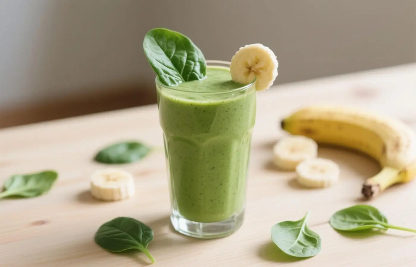 A glass of green smoothie with banana and spinach, placed on the table, surrounded by sliced bananas and fresh leaves. The background is a light brown wooden tabletop. High-resolution photography, realistic-style photos, clear focus, high definition, professional color grading, soft shadows, low contrast A glass of green smoothie with banana and spinach, placed on the table, surrounded by sliced bananas and fresh leaves. The background is a light brown wooden tabletop. High-resolution photography, realistic-style photos, clear focus, high definition, professional color grading, soft shadows, low contrast