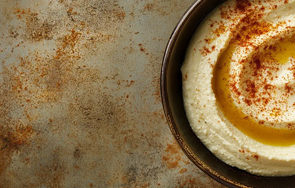 A close-up shot of hummus in an earthenware bowl, adorned with spiced cumin and a milky cream on top, placed against the backdrop of a rustic stone texture. A close-up shot of hummus in an earthenware bowl, adorned with spiced cumin and a milky cream on top, placed against the backdrop of a rustic stone texture.