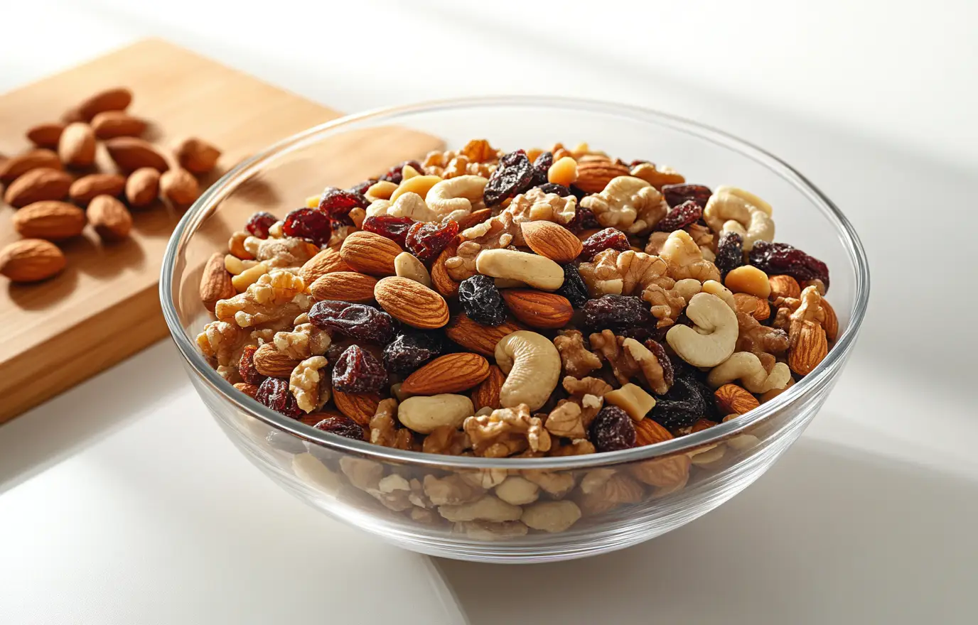 A bowl of mixed nuts and dried fruits, with one in the background and another on top, on an isolated white table. The photo is taken from above, with soft lighting and natural colors. It features various types of nuts such as walnuts, cashews, almonds, degreeing the quality of photography and details of product presentation. A wooden board lies next to it for serving, adding texture and rustic charm. A bowl of mixed nuts and dried fruits, with one in the background and another on top, on an isolated white table. The photo is taken from above, with soft lighting and natural colors. It features various types of nuts such as walnuts, cashews, almonds, degreeing the quality of photography and details of product presentation. A wooden board lies next to it for serving, adding texture and rustic charm.