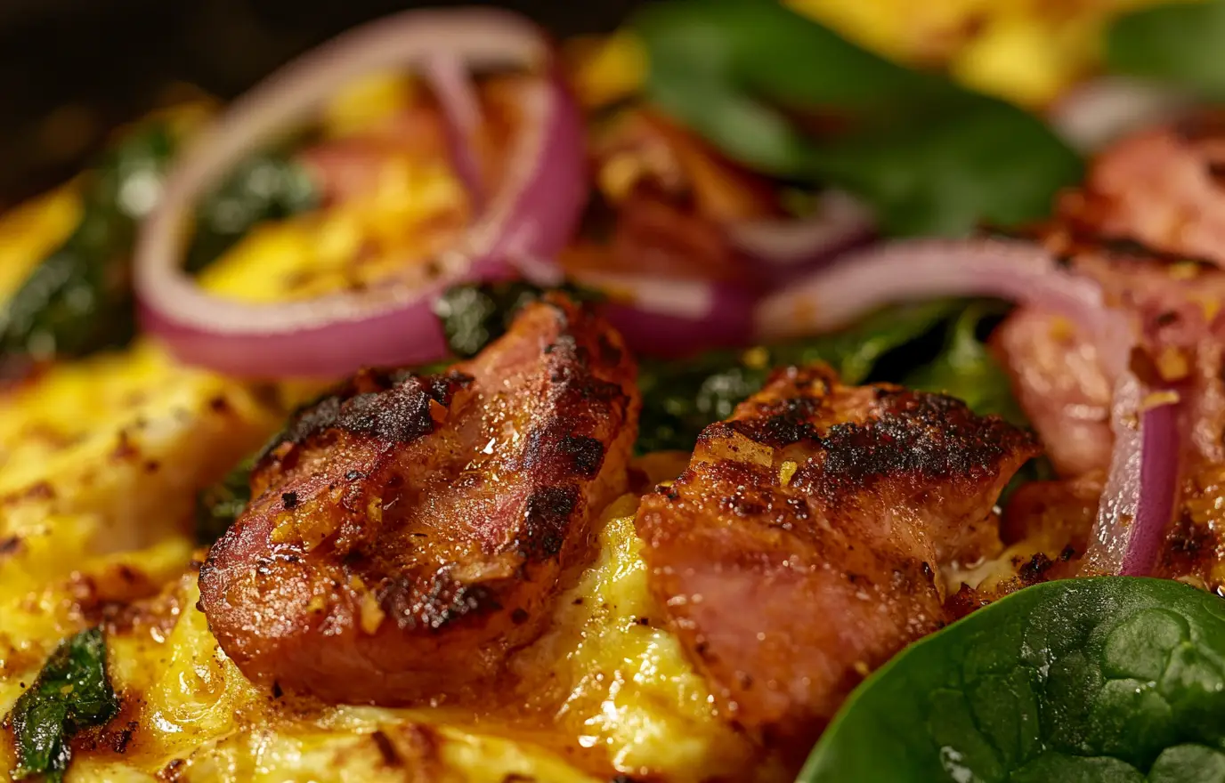A close-up of an Masala Omelette with eggs, spinach leaves, and red onion, all mixed together in the center. while vibrant green leafy greens add color to its appearance. A small piece or two of slightly charred meat can be seen on top of some elements of the food, adding texture to the dish. Focus stacking. A close-up of an Masala Omelette with eggs, spinach leaves, and red onion, all mixed together in the center. while vibrant green leafy greens add color to its appearance. A small piece or two of slightly charred meat can be seen on top of some elements of the food, adding texture to the dish. Focus stacking.