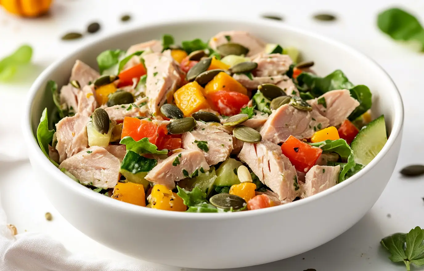 A photo of tuna salad with a honey whole-grain mustard dressing, mixed vegetables, and pumpkin seeds in a white bowl on a white background. Blissful food photography. A photo of tuna salad with a honey whole-grain mustard dressing, mixed vegetables, and pumpkin seeds in a white bowl on a white background. Blissful food photography.