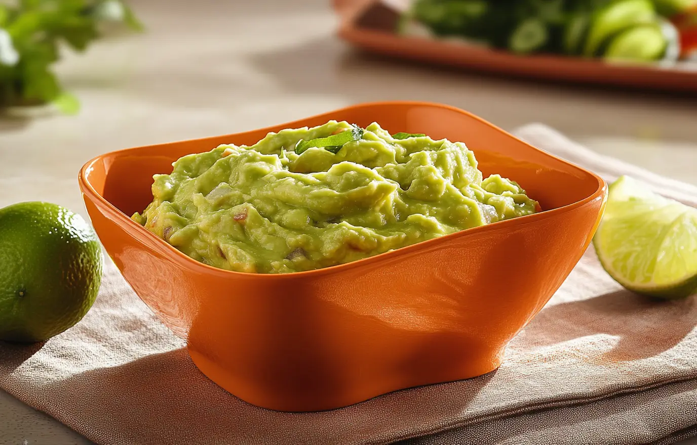 A photo of the deliciously creamy and smooth guacamole, in an orange bowl, with limes on the side, placed on top of a brown linen cloth. The focus is sharp, highlighting every texture and color of the guacamole's smoothness. This composition emphasizes the essence of its freshness without any extraneous elements such as other items or people to ensure that it remains centered within the frame. A photo of the deliciously creamy and smooth guacamole, in an orange bowl, with limes on the side, placed on top of a brown linen cloth. The focus is sharp, highlighting every texture and color of the guacamole's smoothness. This composition emphasizes the essence of its freshness without any extraneous elements such as other items or people to ensure that it remains centered within the frame.