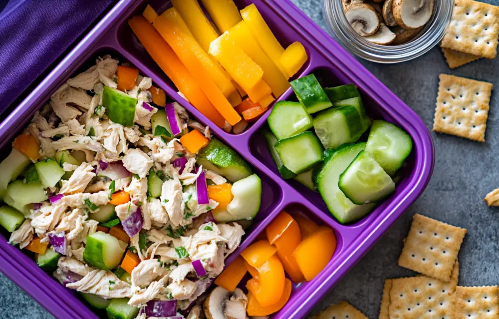 A purple lunchbox with chicken salad, vegetable sticks, and apple slices on the side. Some cracker squares in one section of the box, and another part has vegetables such as cucumber, red bell pepper, and green bell pepper. There is also an open container containing mushrooms mixed into cheese. The photo is taken from above. A purple lunchbox with chicken salad, vegetable sticks, and apple slices on the side. Some cracker squares in one section of the box, and another part has vegetables such as cucumber, red bell pepper, and green bell pepper. There is also an open container containing mushrooms mixed into cheese. The photo is taken from above.