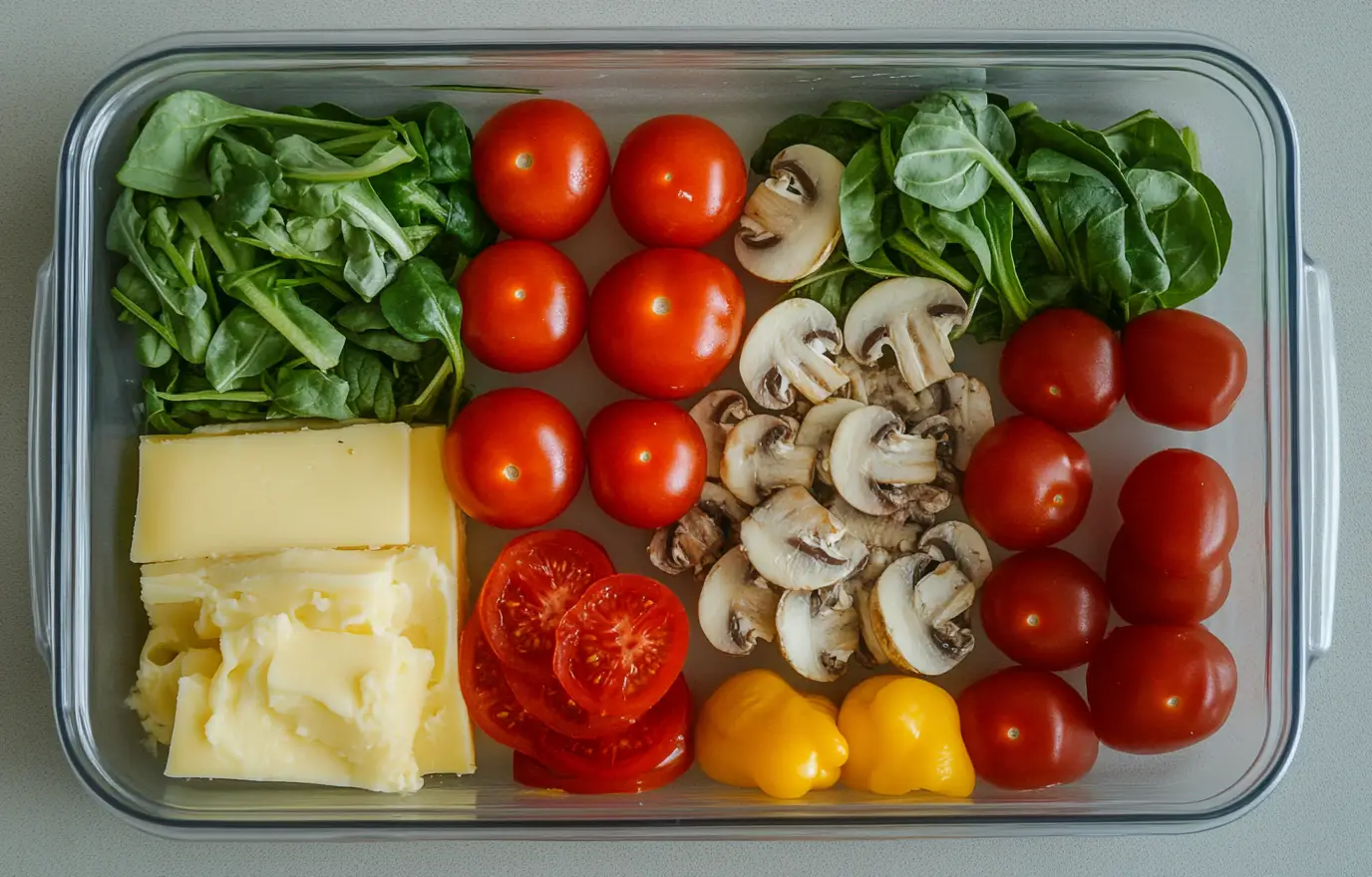A plastic container filled with mushrooms, cherry tomatoes, and yellow peppers arranged neatly together alongside cheddar cheese slices and baby spinach leaves. The food is ready to be put into the meal cart for storage or eating as a healthy lunch box in its own dish. A close-up top view of all these ingredients inside that transparent glass bowl. An aerial view of this meal setup. A plastic container filled with mushrooms, cherry tomatoes, and yellow peppers arranged neatly together alongside cheddar cheese slices and baby spinach leaves. The food is ready to be put into the meal cart for storage or eating as a healthy lunch box in its own dish. A close-up top view of all these ingredients inside that transparent glass bowl. An aerial view of this meal setup.