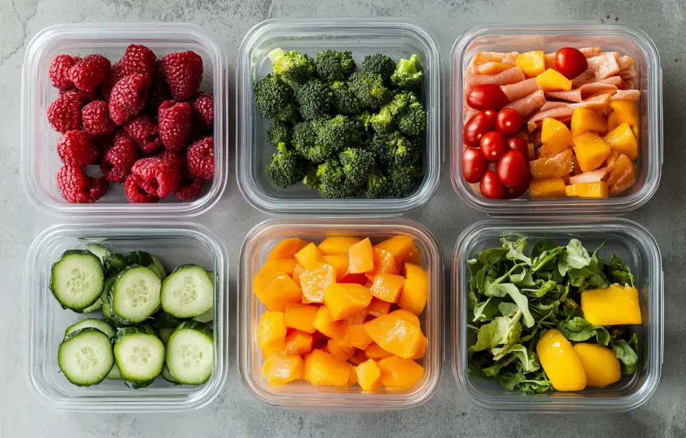 Top view of six plastic containers filled with different types of fruits, vegetables, and whole grains for a healthy meal. The workwear design is optimized. The food is arranged such that one container contains broccoli, another strawberries, the third cherries and oranges, while two others have cucumber slices and salad leaves inside. Each box has clear panels to allow easy viewing Top view of six plastic containers filled with different types of fruits, vegetables, and whole grains for a healthy meal. The workwear design is optimized. The food is arranged such that one container contains broccoli, another strawberries, the third cherries and oranges, while two others have cucumber slices and salad leaves inside. Each box has clear panels to allow easy viewing
