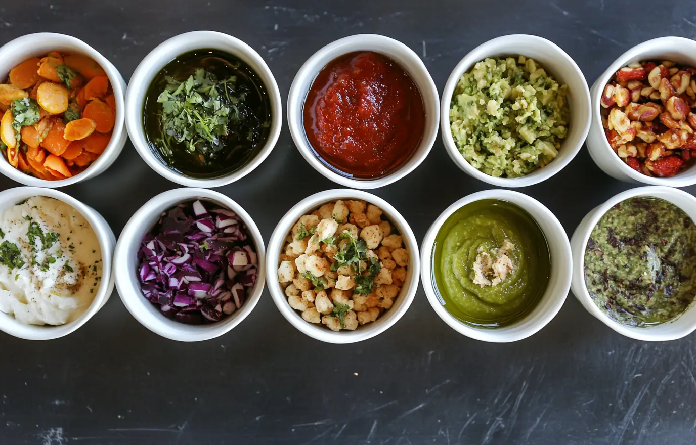A top-down view of small bowls filled with various vegetable spreads. Totally green and white in color, some have ingredients like red onion or chickpeas mixed into the paste for coloring. The pastes range from dark to light shades due to different texture accents. Each bowl is placed on an isolated black background. In one corner, there are also raw vegetables ready as additional decoration for serving. This setup creates a visually appealing display of colorful purées. A top-down view of small bowls filled with various vegetable spreads. Totally green and white in color, some have ingredients like red onion or chickpeas mixed into the paste for coloring. The pastes range from dark to light shades due to different texture accents. Each bowl is placed on an isolated black background. In one corner, there are also raw vegetables ready as additional decoration for serving. This setup creates a visually appealing display of colorful purées.