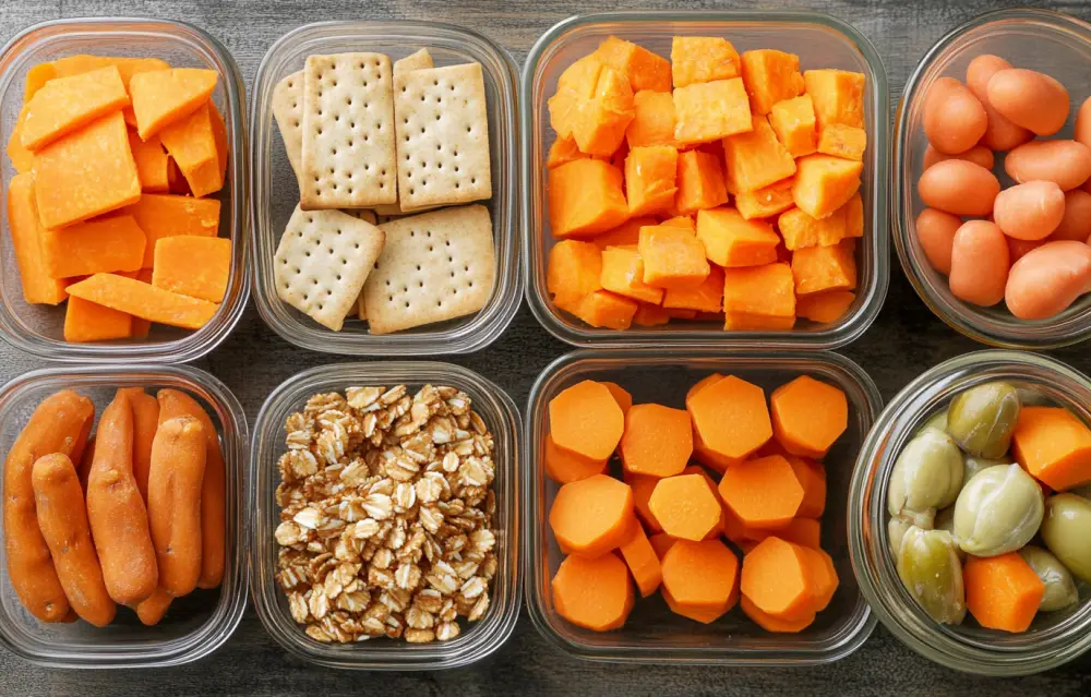 A photo of multiple plastic containers filled with different types of snacks, including mini furry cheese wheels and carved carrots. Theuristic style. Top view. On the right side is an open container containing green olives and walnuts. on top left side cracker squares arranged in rows. On bottom right side thin rectangular glasses contains sweet potato slices. All food items have clear textures and bright colors, making them look appetizing and appealing to young children's taste buds A photo of multiple plastic containers filled with different types of snacks, including mini furry cheese wheels and carved carrots. Theuristic style. Top view. On the right side is an open container containing green olives and walnuts. on top left side cracker squares arranged in rows. On bottom right side thin rectangular glasses contains sweet potato slices. All food items have clear textures and bright colors, making them look appetizing and appealing to young children's taste buds