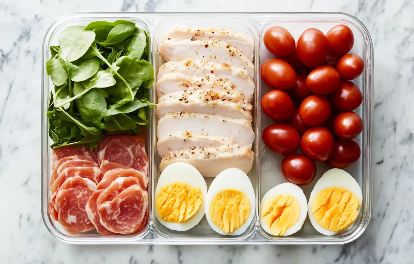 The meal planner with hard-boiled eggs, chicken fillet, and cherry tomatoes is arranged in three plastic containers on the marble table. The top left container contains fresh greens such as lettuce or spinach. In front of it lies sliced pink meat from bacon or ham. A row of sliced boiled egg stretches across two other transparent plastic boxes. On one side, there's some salad dressing, either sweet honey mustard or clear lemon cream. The food arrangement creates an attractive visual composition. The meal planner with hard-boiled eggs, chicken fillet, and cherry tomatoes is arranged in three plastic containers on the marble table. The top left container contains fresh greens such as lettuce or spinach. In front of it lies sliced pink meat from bacon or ham. A row of sliced boiled egg stretches across two other transparent plastic boxes. On one side, there's some salad dressing, either sweet honey mustard or clear lemon cream. The food arrangement creates an attractive visual composition.