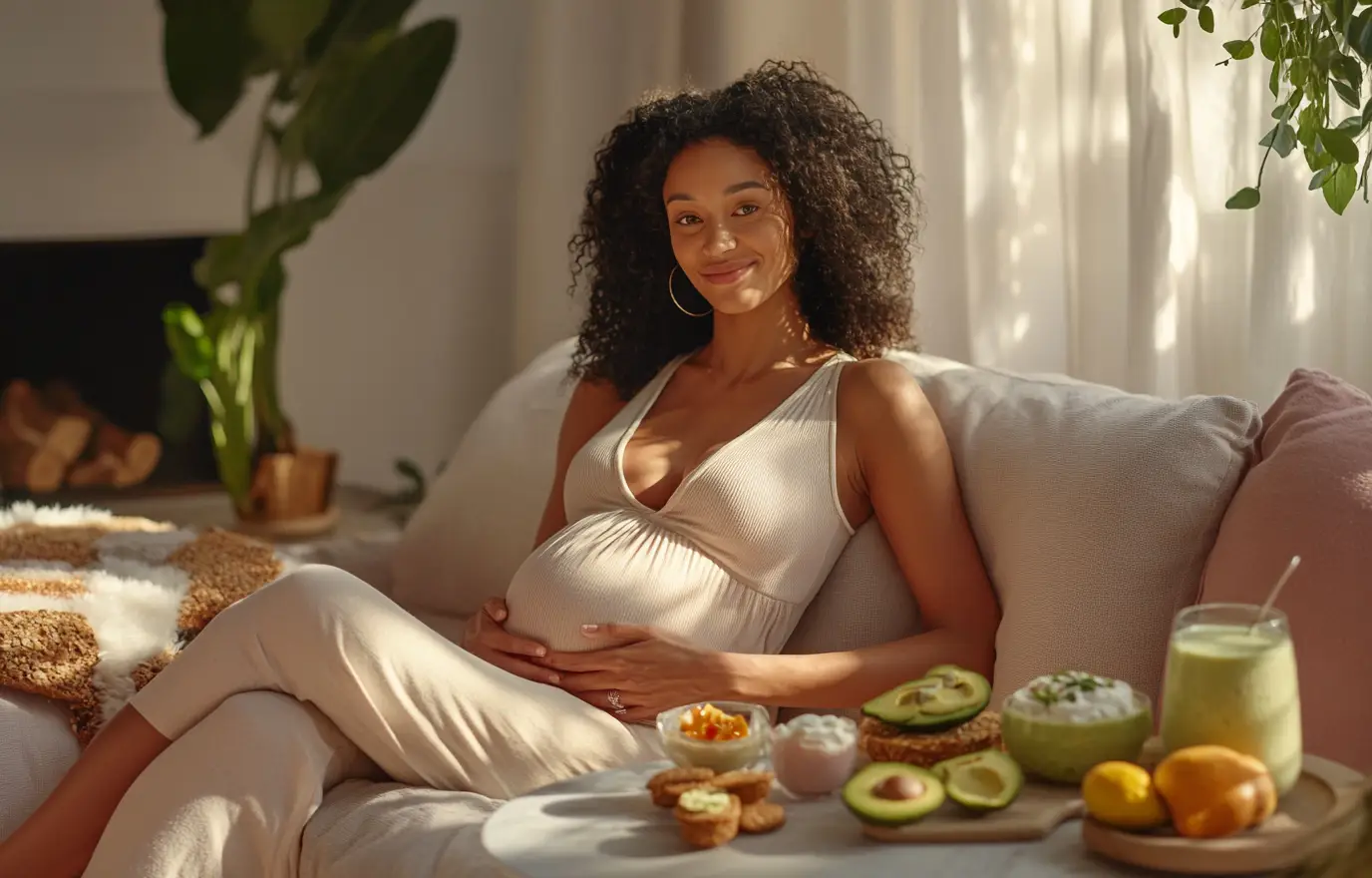 a glowing pregnant woman sitting comfortably on a cozy sofa, surrounded by beautifully arranged healthy snacks like sliced fruits, yogurt parfaits, whole-grain crackers, avocado toast, and smoothies. Warm natural lighting, peaceful home setting, soft pastel tones, a feeling of comfort, satisfaction, and well-being. Style: lifestyle photography, realistic, high-resolution. a glowing pregnant woman sitting comfortably on a cozy sofa, surrounded by beautifully arranged healthy snacks like sliced fruits, yogurt parfaits, whole-grain crackers, avocado toast, and smoothies. Warm natural lighting, peaceful home setting, soft pastel tones, a feeling of comfort, satisfaction, and well-being. Style: lifestyle photography, realistic, high-resolution.