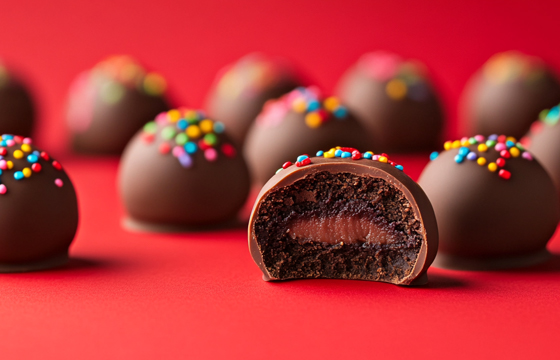 a close up of several chocolate covered truffles with colorful sprinkles on top, one cut in half to reveal the inside filling, red background, food photography, stock photo