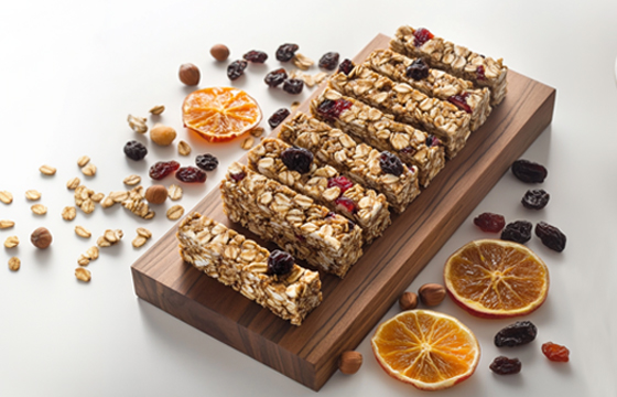 A photo of homemade granola bars cut into squares, displayed on an elegant wooden board with scattered dried fruits and nuts around it. The background is white, emphasizing the natural colors and textures of the bars and their ingredients.