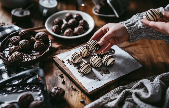 Hand holding low-sugar cookie dough balls drizzled with chocolate, on parchment paper and a wooden table background.