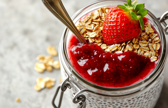 A glass jar of chia seed pudding, a masterpiece by the Doctor, with blueberry jam and fresh strawberries on top. A spoon inside the jar is filled with creamy oat milk, in which sits the granola. The image has a light background, captured with natural light, using macro photography techniques. High-resolution, taken with a Nikon camera, showcasing the intricate details with a macro lens. The focus point shines from above, resulting in an ultra-realistic, high-definition photography.