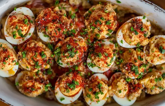 An aerial view of a dish filled with Spanish-style deviled eggs, a top-down photograph, food photography with soft lighting.