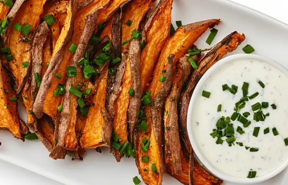 A platter of super-thin, air-fried sweet potato fries with chives and ranch dressing, on a white background, top view, high-resolution photography, focus stacking.