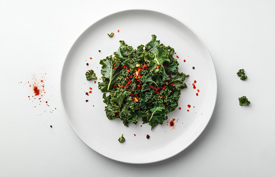 Kale Chips with Paprika and Pepper, on a White Plate, Top View, Food Photography, White Background, Natural Lighting, High Resolution, High Quality, High Detail, Cinematic