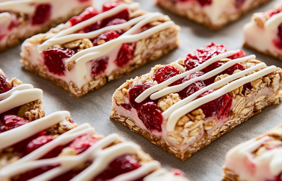 A close-up of strawberry and cherry granola bars, arranged in rows on a gray background. The bars are covered with dried strawberries and drizzled with white chocolate, creating an attractive contrast between the soft reds and whites. Each bar has elements like nuts or graphic patterns for visual interest. Soft lighting casts gentle shadows across each piece, highlighting their intricate details.